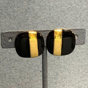 Rounded Square Pierced Earrings 1 In Black Enamel Gold Stripe Retro Modern Glam